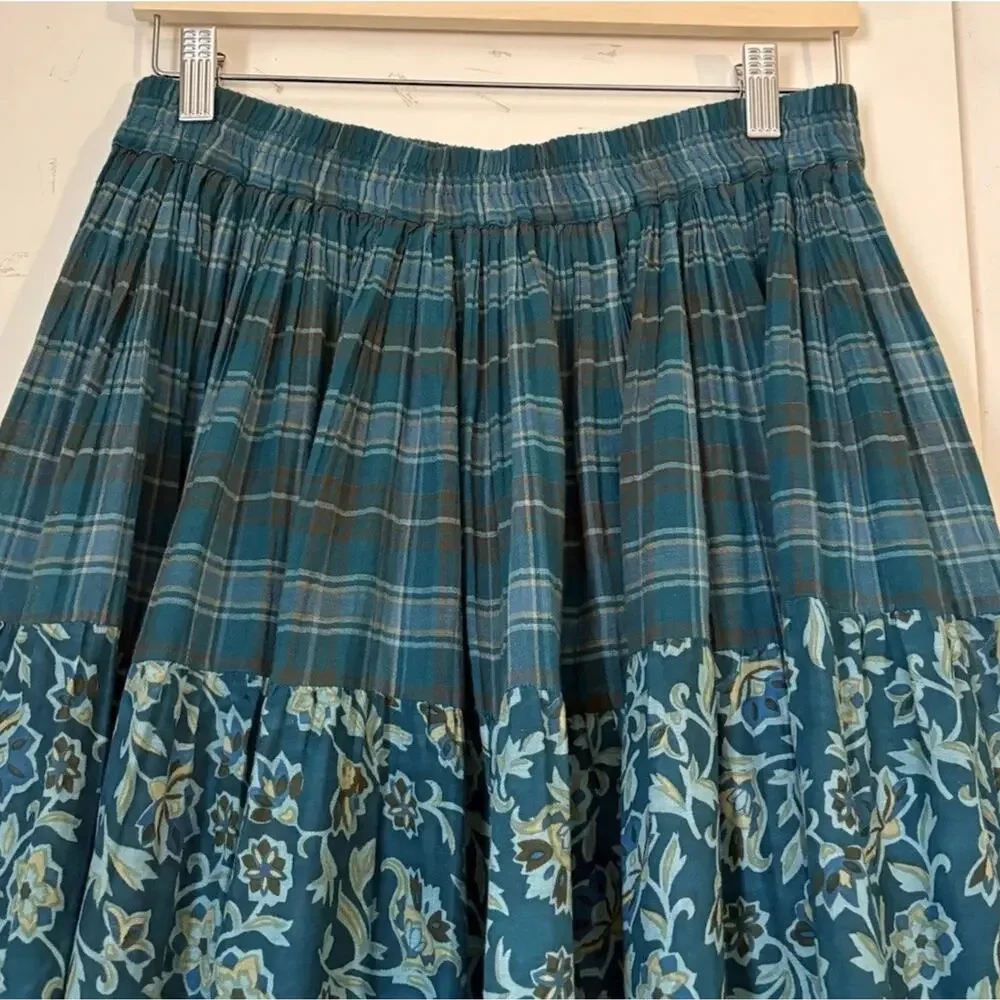 Cottagecore Teal Patchwork Midi Skirt S/M Plaid Floral Ruffle Prairie Boho
